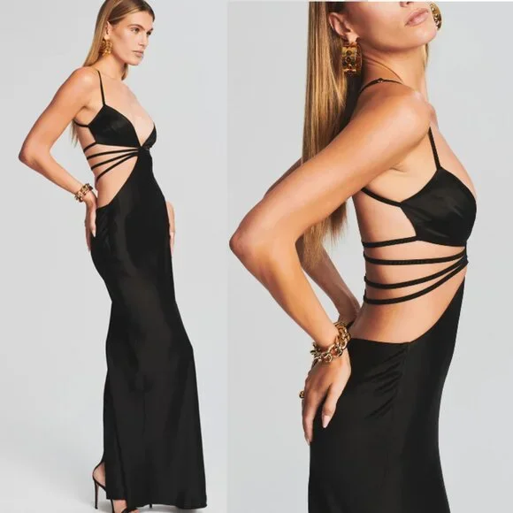 Retrofete Selma Cutout Maxi Dress in Black Satin Large - Picture 2 of 10